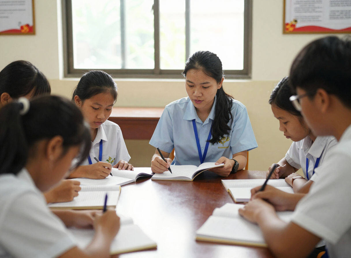 A volunteer educator helping students around a classroom table