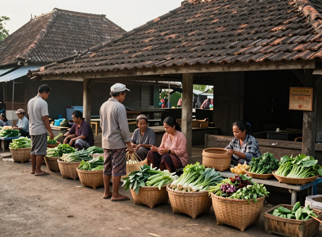 Suasana pasar desa dengan hasil bumi dan warga setempat