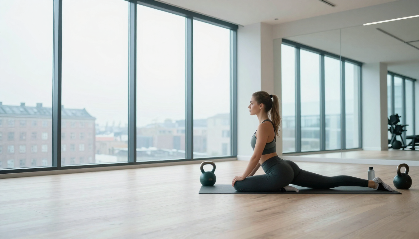 Person stretching on a wooden floor in a bright, minimal training studio