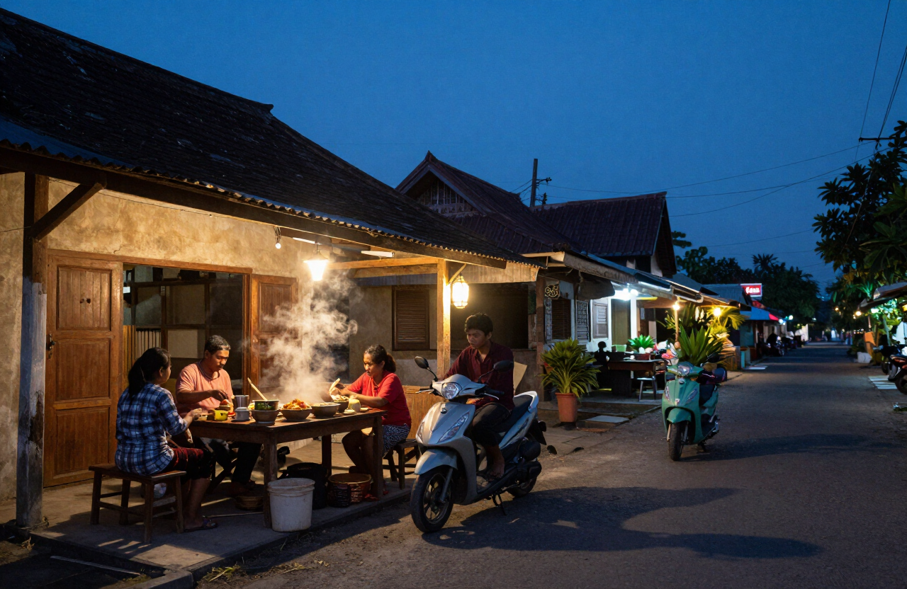A Sasak village warung at dusk in Lombok with steaming food and a parked scooter