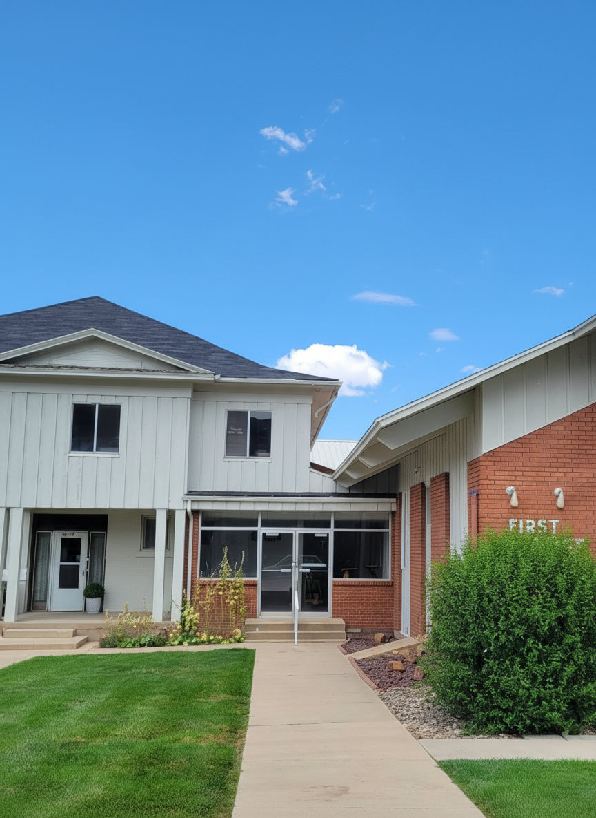 First Baptist Church of Cedar City building, showing the entry doors and the cross