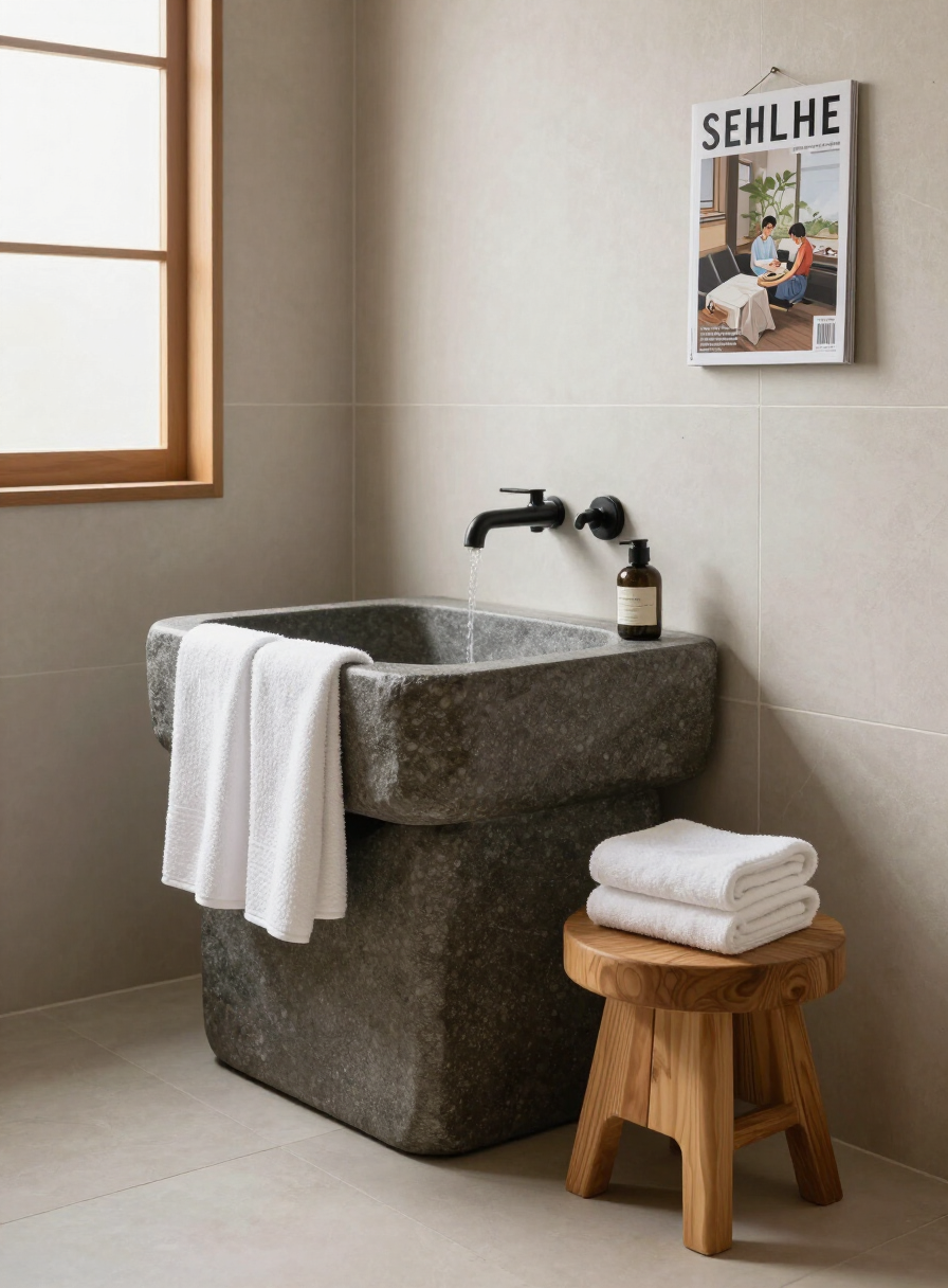 Spa-like bathroom with a stone sink, waffle towels, and a warm wood stool