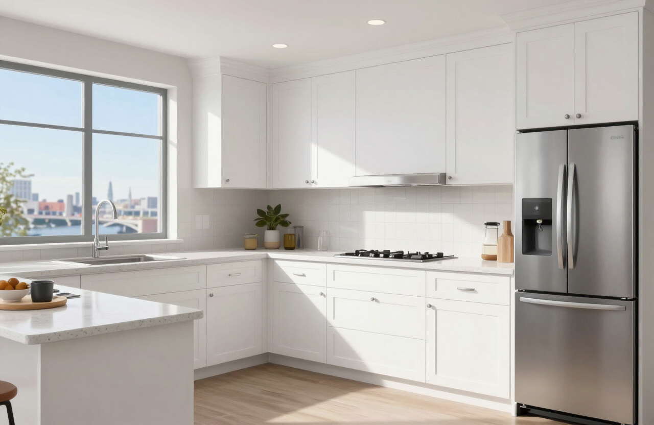 Illustrative freshly painted white shaker kitchen cabinets in a modern Fort Lee NJ condo kitchen
