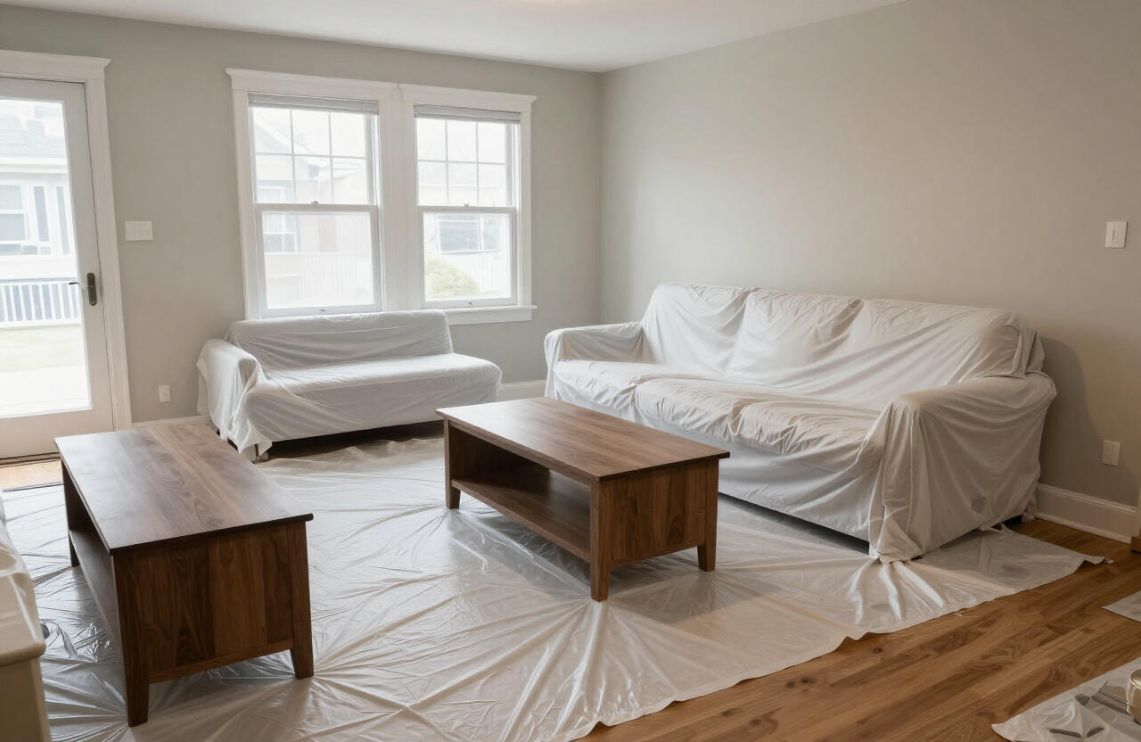 Furniture and floors protected with plastic sheeting and drop cloths during interior painting in a Secaucus NJ townhouse