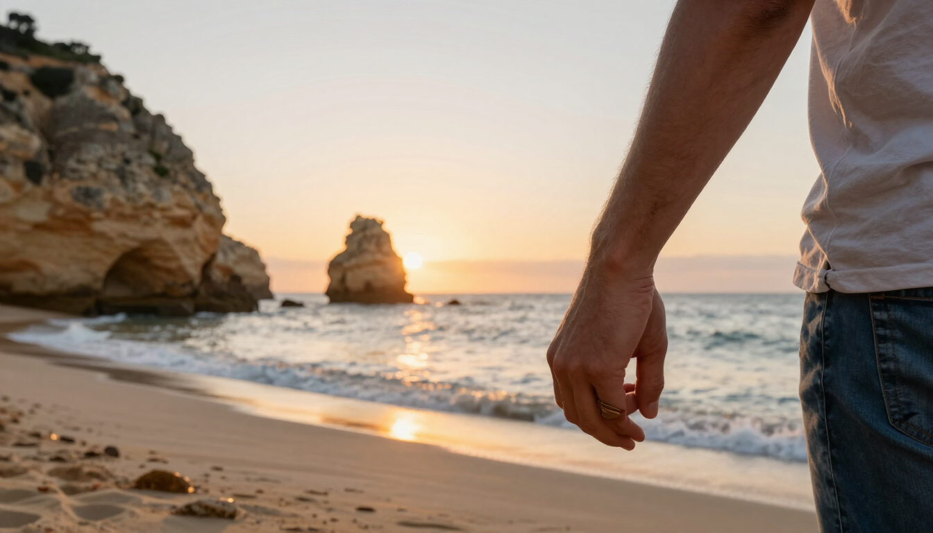 Casal LGBTQIA+ de mãos dadas a caminhar numa praia do Algarve ao pôr do sol, com falésias douradas ao fundo
