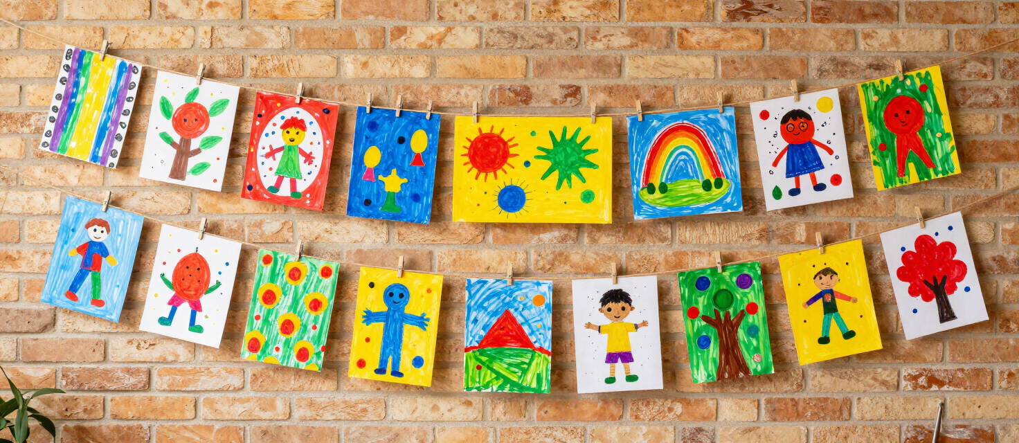Colorful children's paintings displayed on a wall