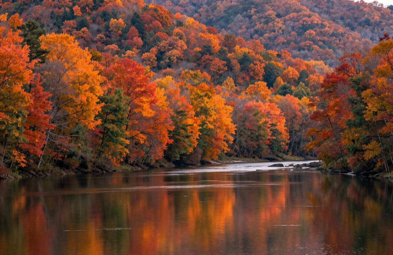 Vista otoñal del New River cerca de Allisonia, Virginia con el follaje reflejándose en el agua