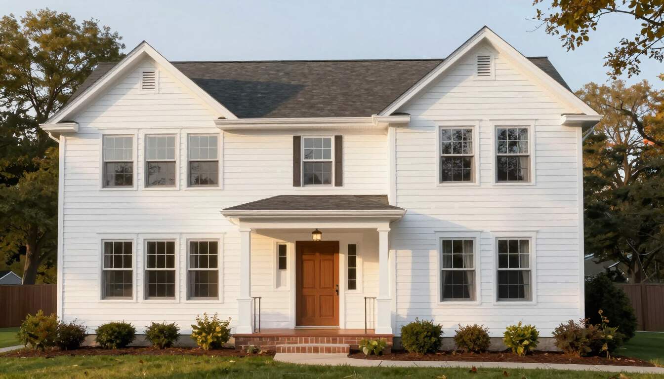 Illustrative finished freshly painted Englewood NJ Colonial home exterior with crisp white trim at golden hour