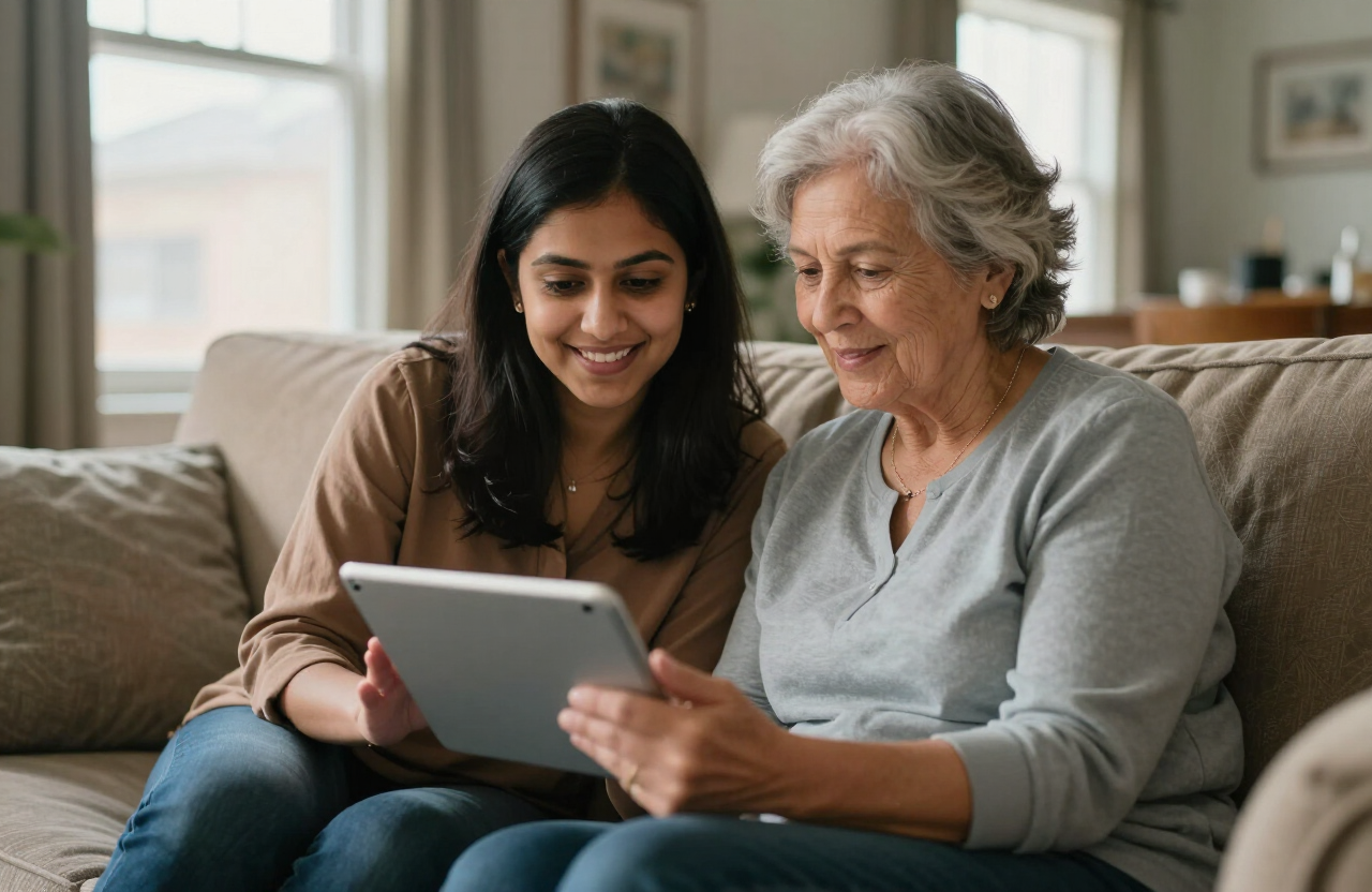 An adult daughter and her elderly mother looking at a tablet together on the couch at home