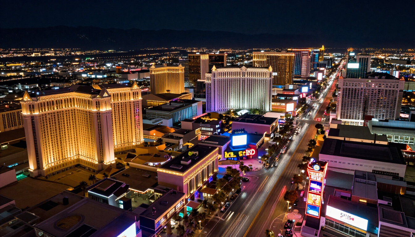 Aerial view of the Las Vegas Strip at night with illuminated hotels and traffic on Las Vegas Boulevard