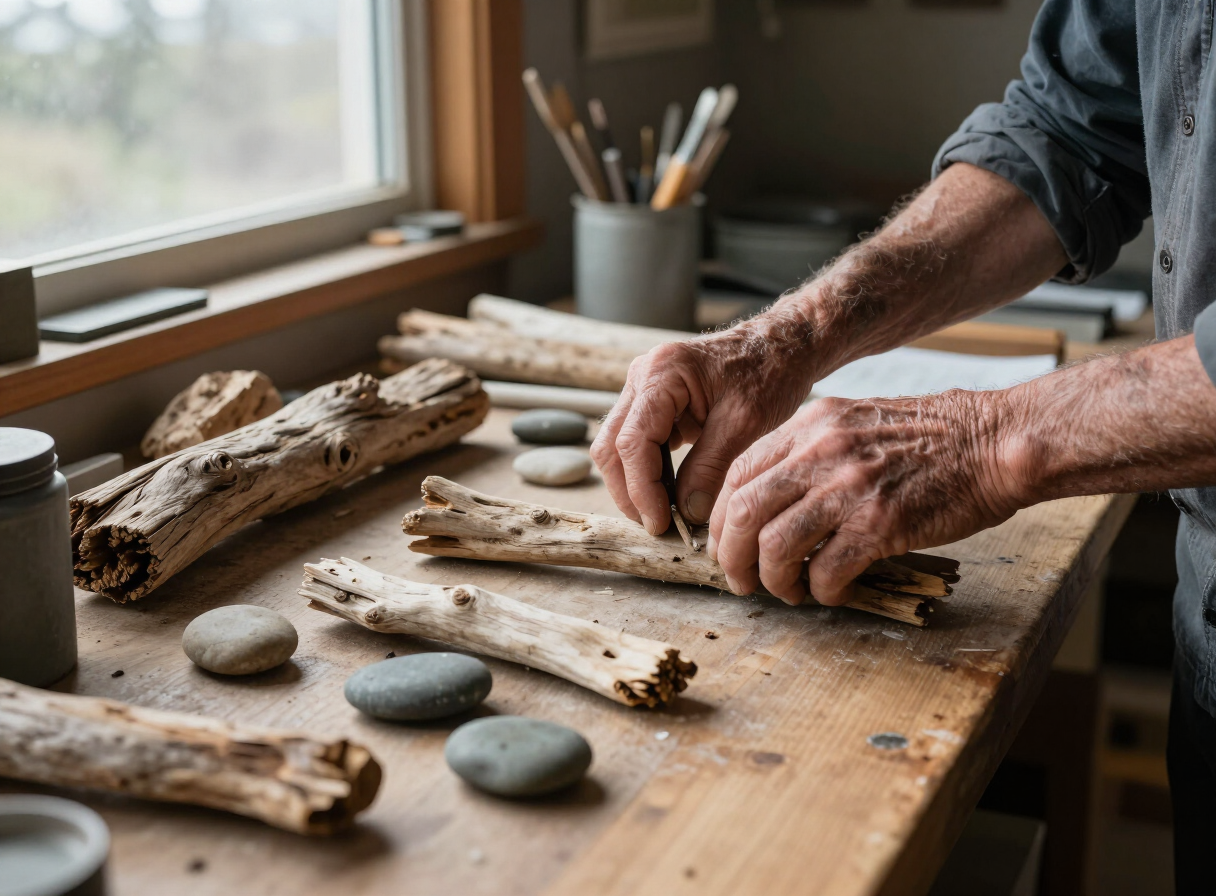 The artist's hands arranging driftwood and stone