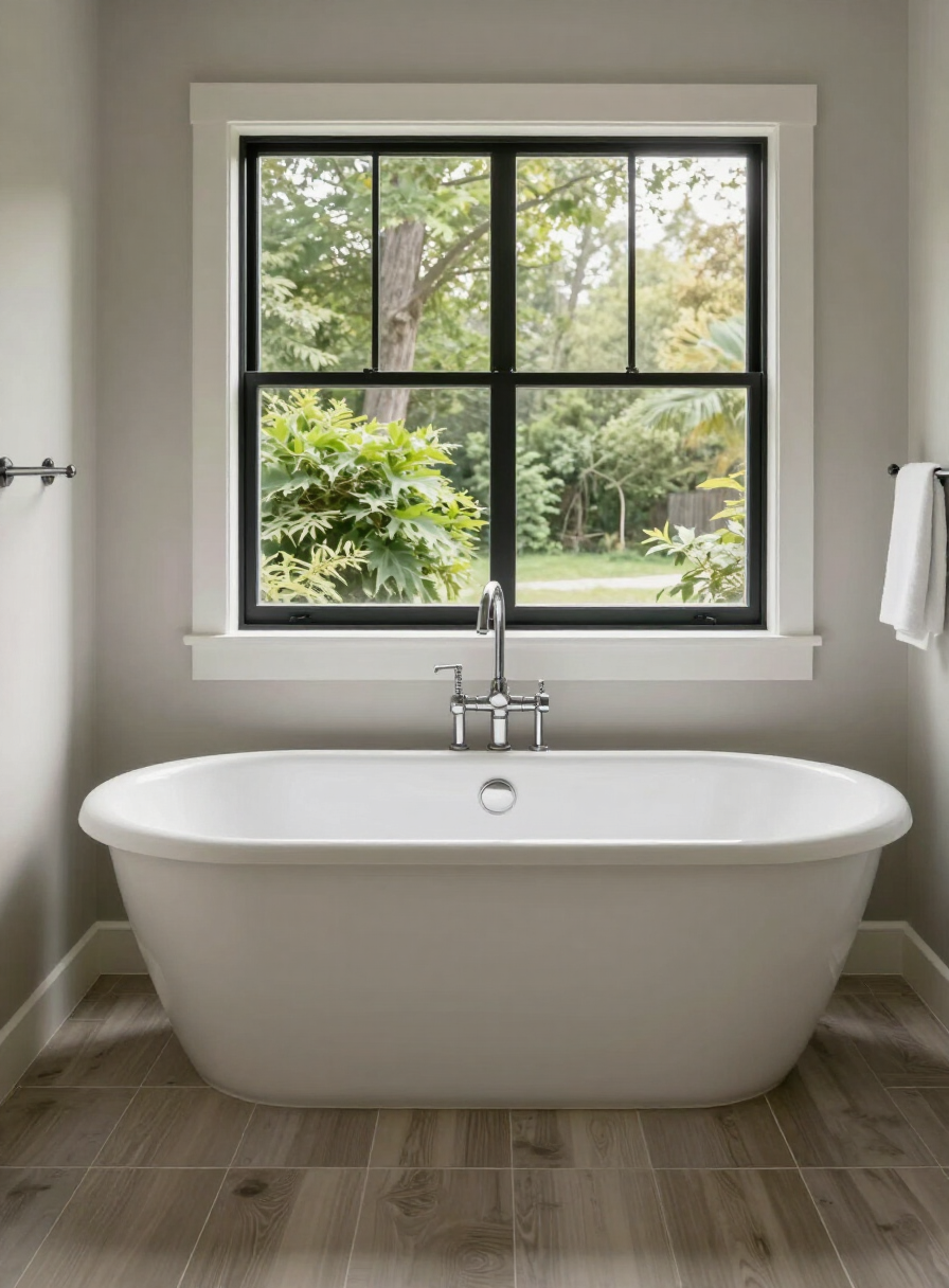 Freestanding soaking tub beside a black-framed window