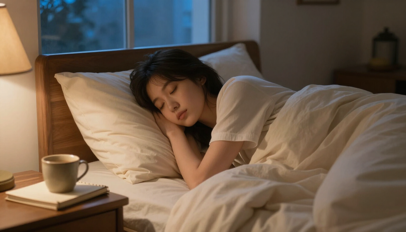 Woman lying in bed at night, awake and contemplative, with cream-colored bedding, wooden bedside table with journal and ceramic cup, window showing deep blue twilight sky, warm interior lighting