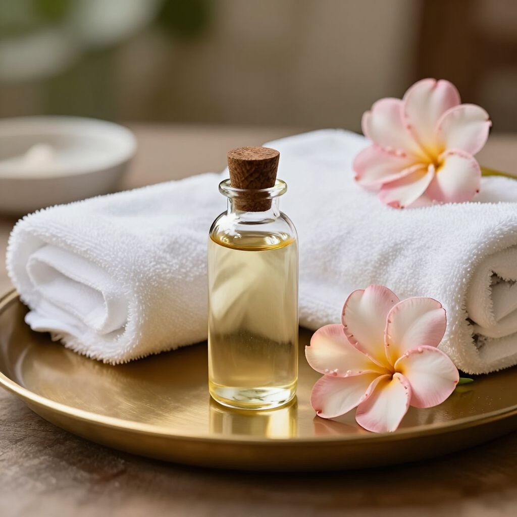 Huile de massage, serviettes et fleurs roses