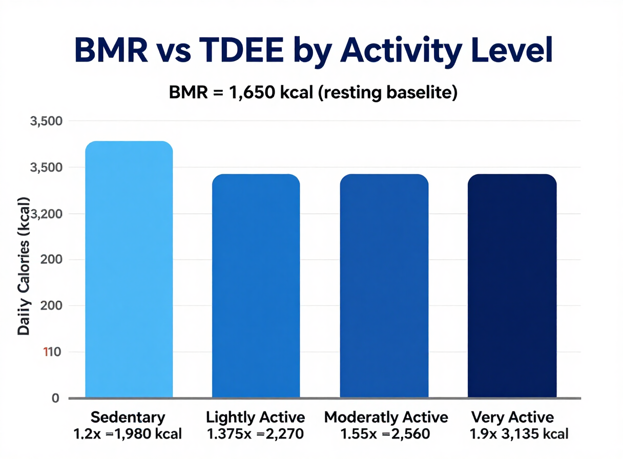 Bar chart comparing a sample person's BMR against their TDEE at four activity levels — sedentary (1.2×), lightly active (1.375×), moderately active (1.55×), and very active (1.9×) — showing TDEE rising from roughly 1.2× to 1.9× BMR