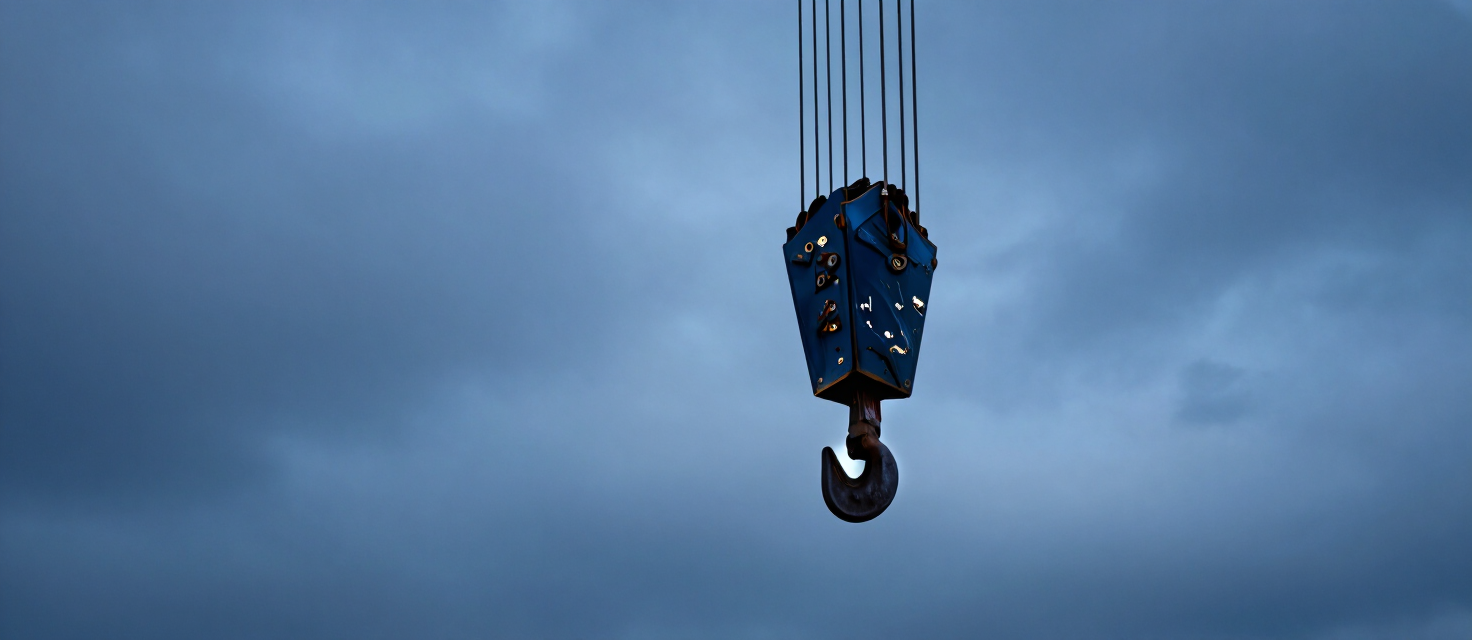 Large shipyard crane hook suspended against a moody sky