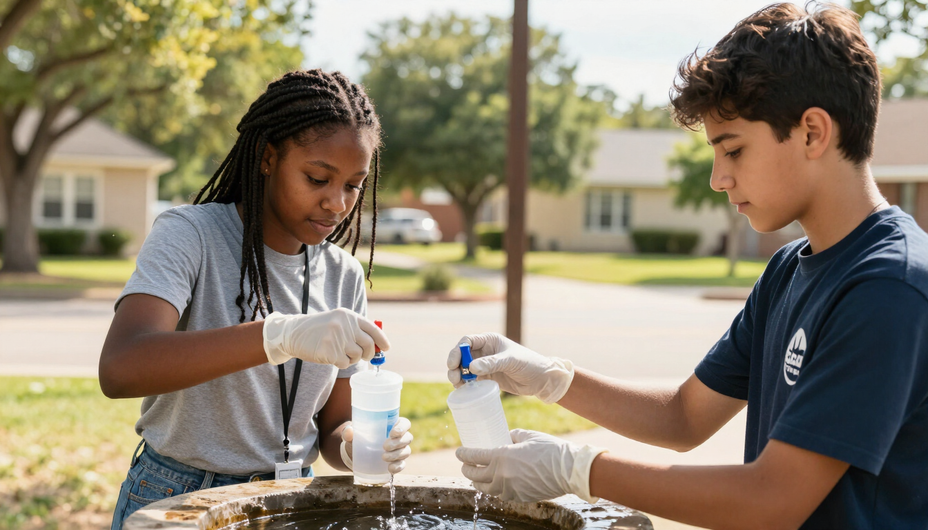Two student volunteers in gloves filling a sterile sample bottle at a community tap