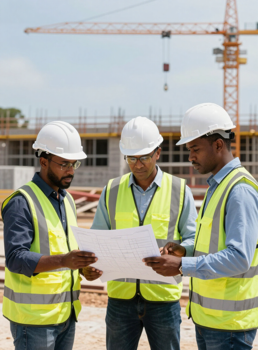 Guyanese engineers and managers reviewing plans at an industrial site