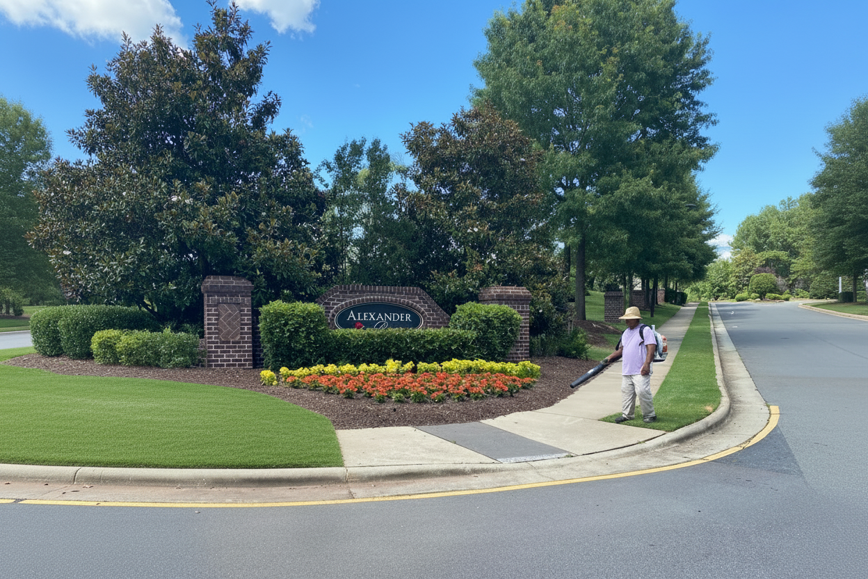 Well-maintained HOA community entrance with manicured beds, mulch, and seasonal color in a North Carolina neighborhood