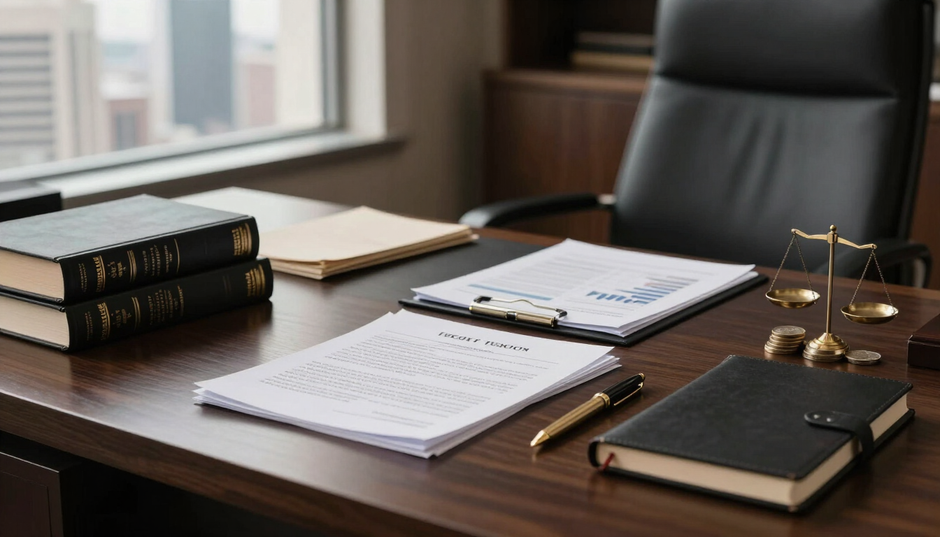 Ambiente institucional de escritório de advocacia: mesa de trabalho com documentos processuais, livros de legislação e caneta dourada