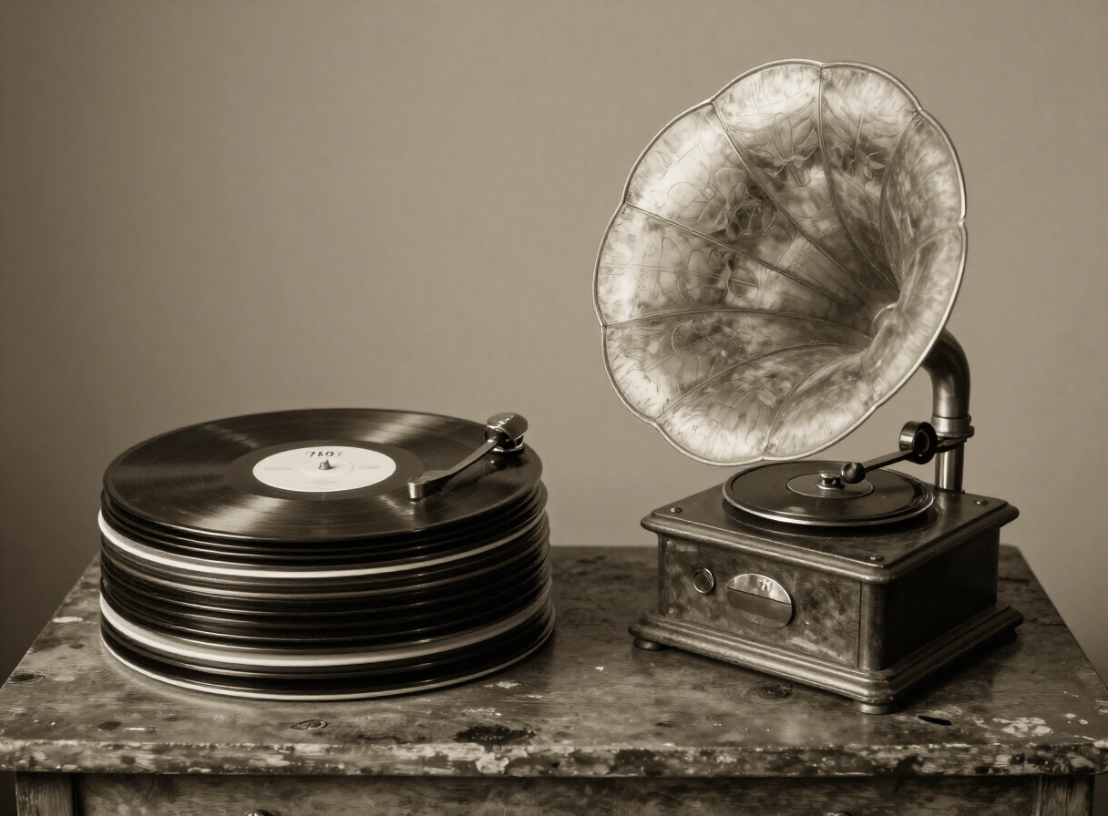 Vintage 78 rpm shellac records stacked beside an early 1920s wind-up gramophone with a brass horn on a worn wooden table