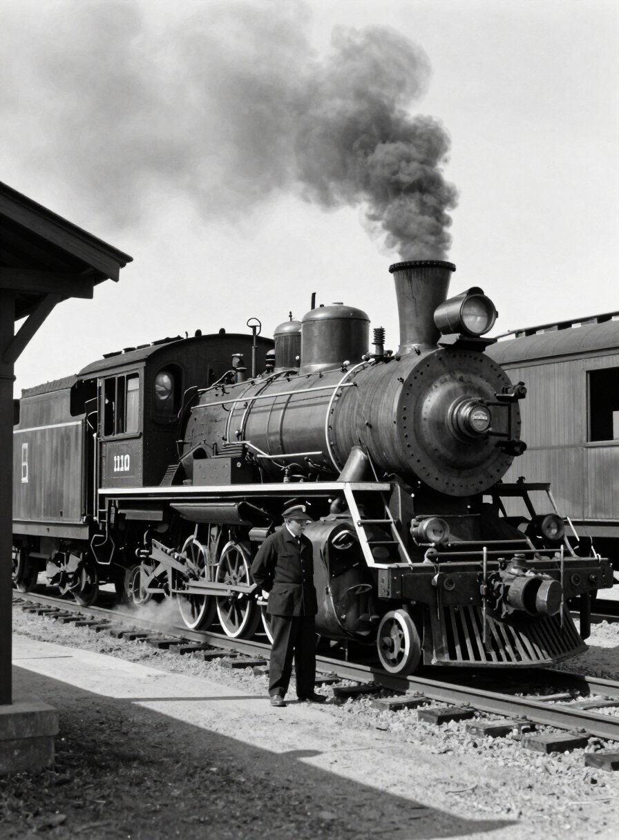 Illustrative vintage-style photograph of a 1920s steam locomotive and railroad depot, evoking the era of the Bristol Sessions