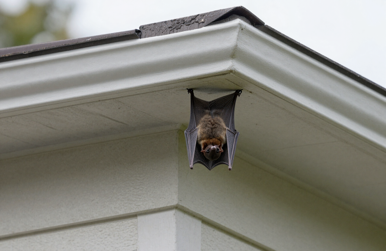 A single bat roosting near an attic roofline and exterior opening of a Houston home