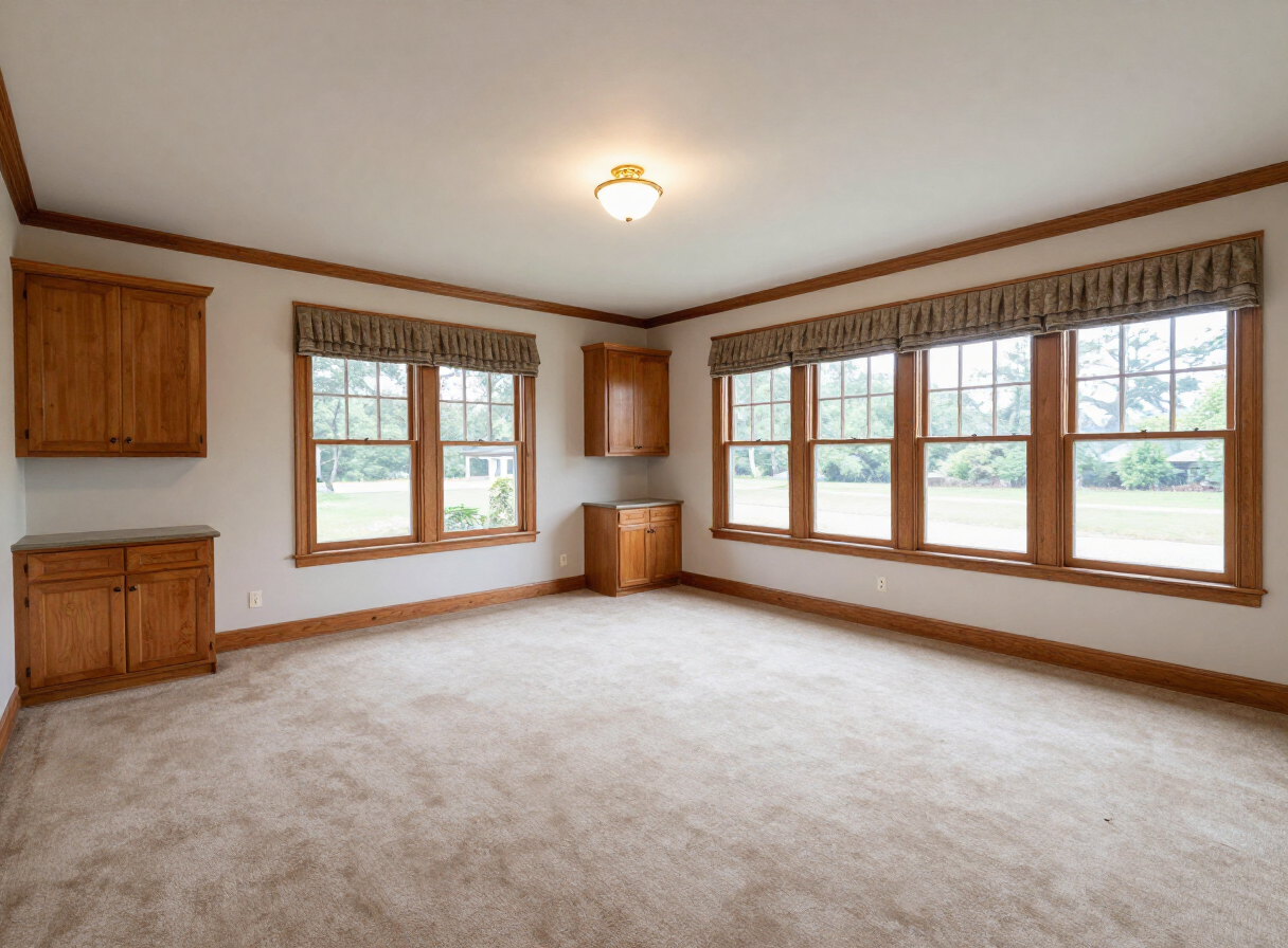 Weddington living room before renovation, with original oak trim, beige carpet, and brass light fixtures