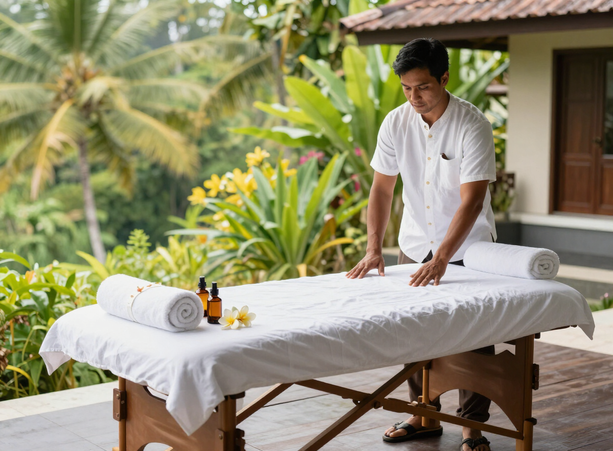 A Balinese therapist setting up a portable massage table with fresh linens, towels and oils on a sunlit villa terrace in Uluwatu, Bali