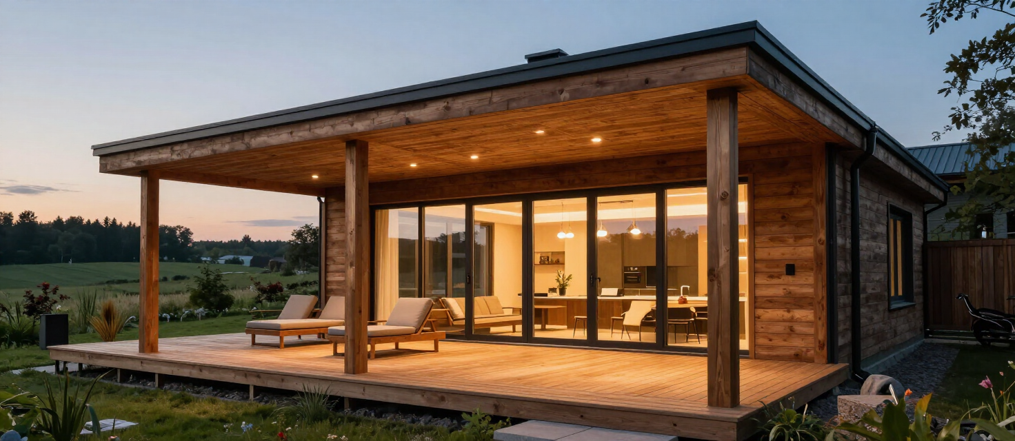 Elegante houten veranda met glazen wanden in avondlicht