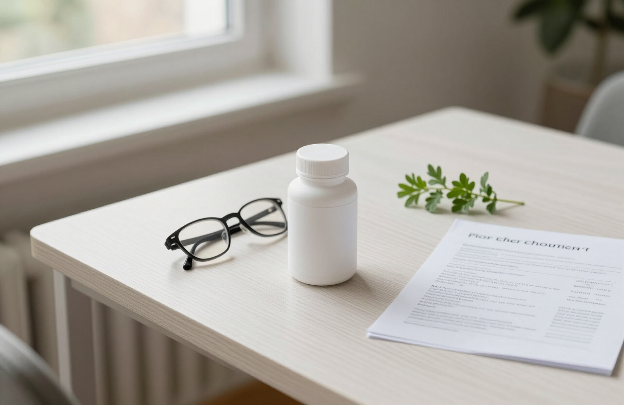 Supplement bottle beside reading glasses and a printed product information sheet on a desk