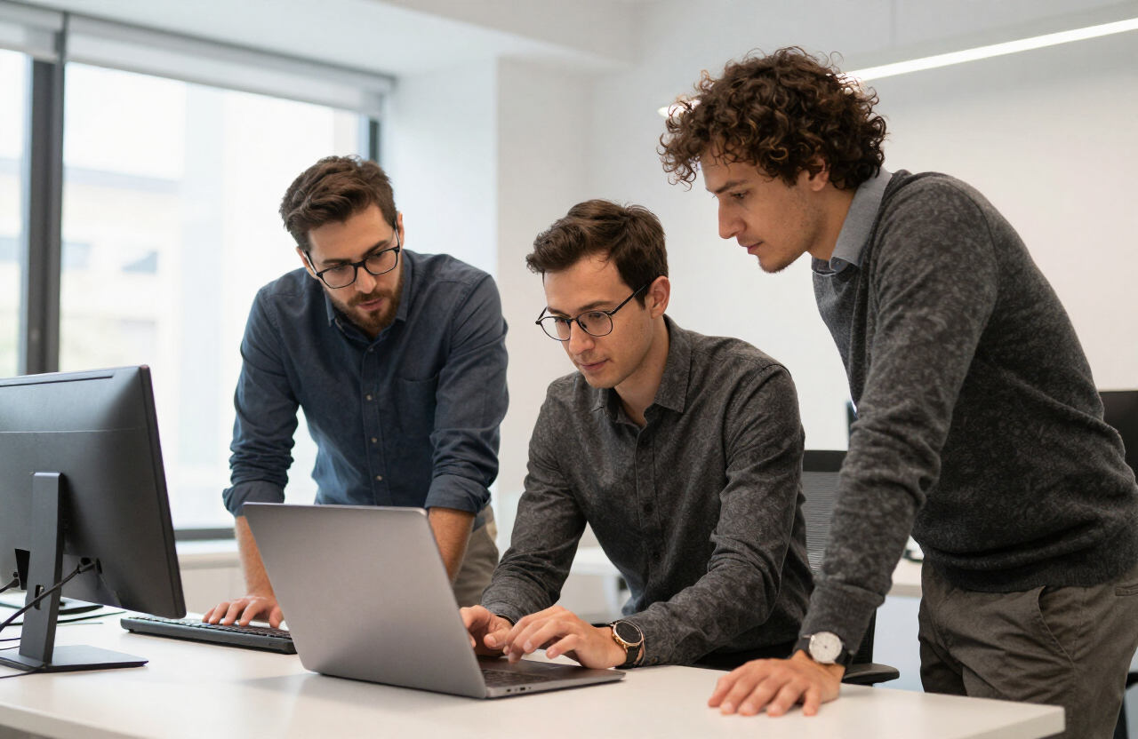 Technology professionals collaborating around a laptop
