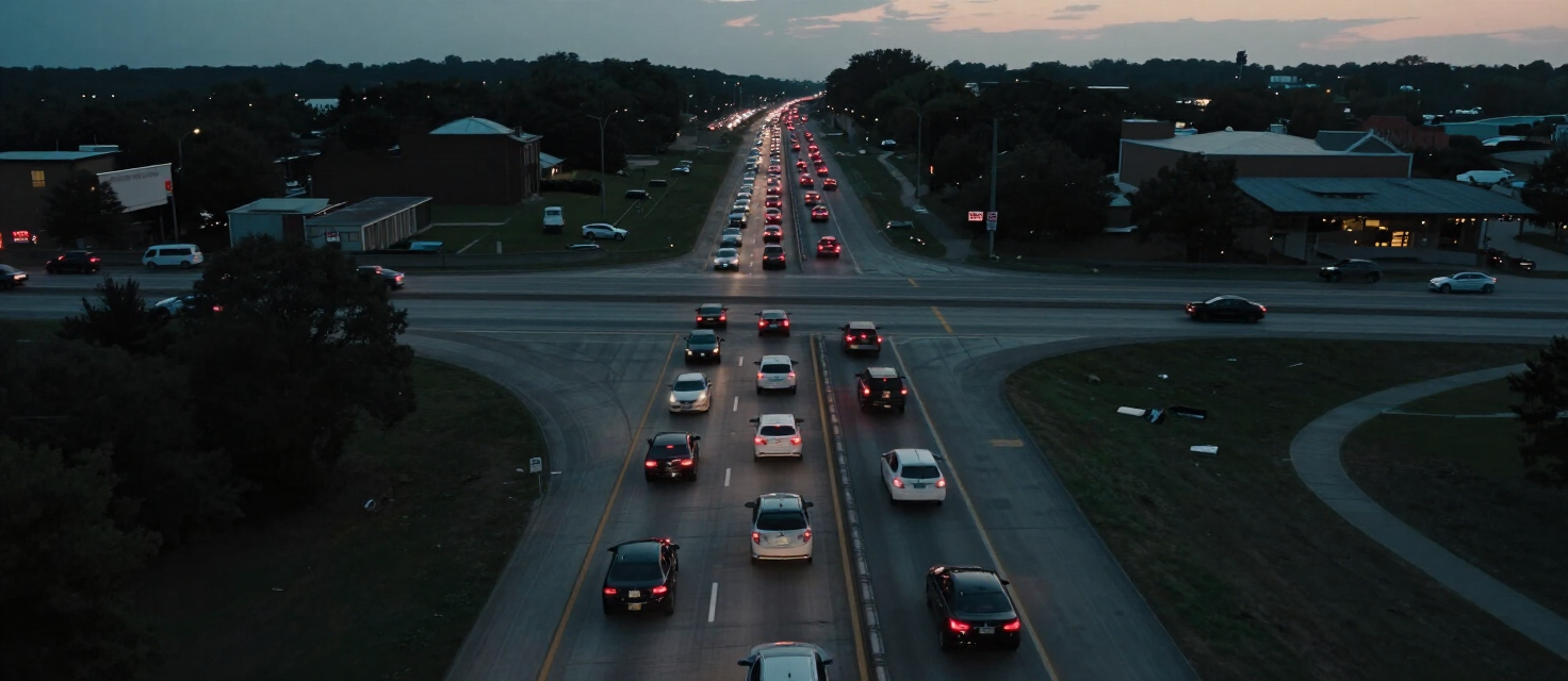 Kansas City interstate interchange at dusk with heavy commuter traffic and brake lights