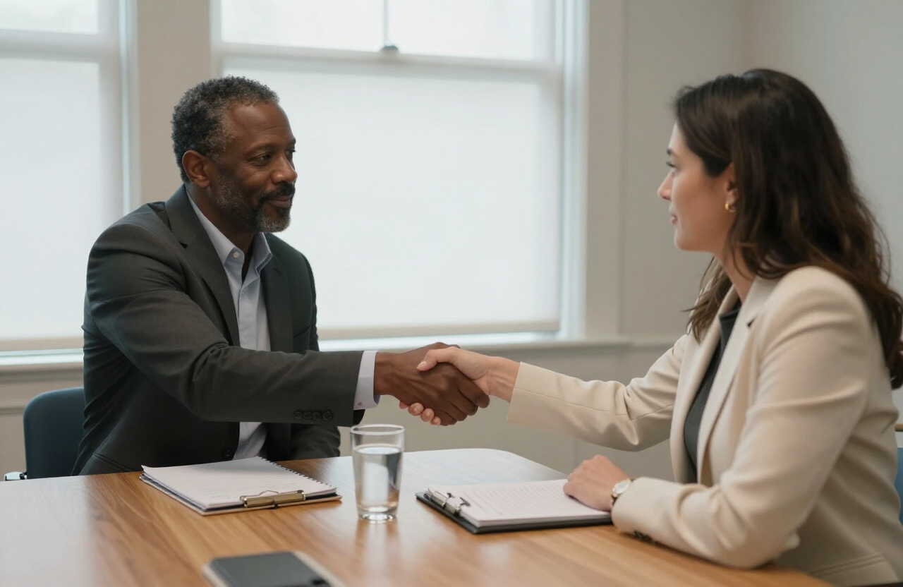 An employer representative and a candidate meeting across a table in a daylit office