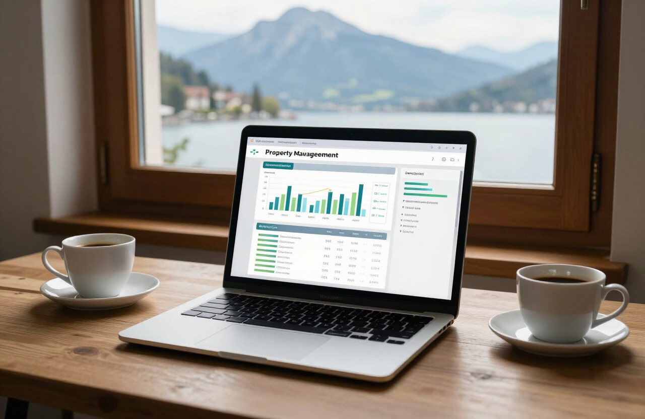 Tableau de bord de gestion locative sur ordinateur portable face aux montagnes du lac d'Annecy