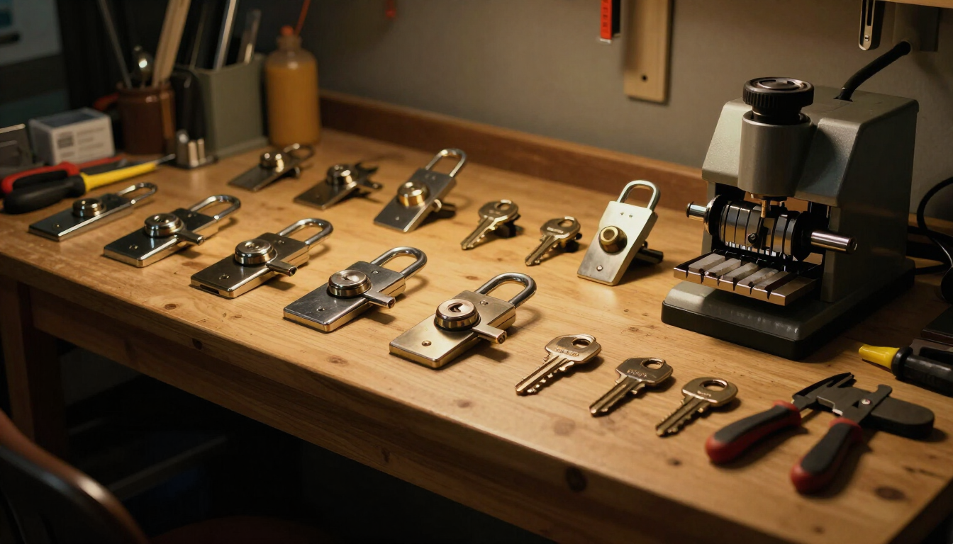 Locksmith tools, key blanks, and deadbolt hardware laid out on a workshop bench