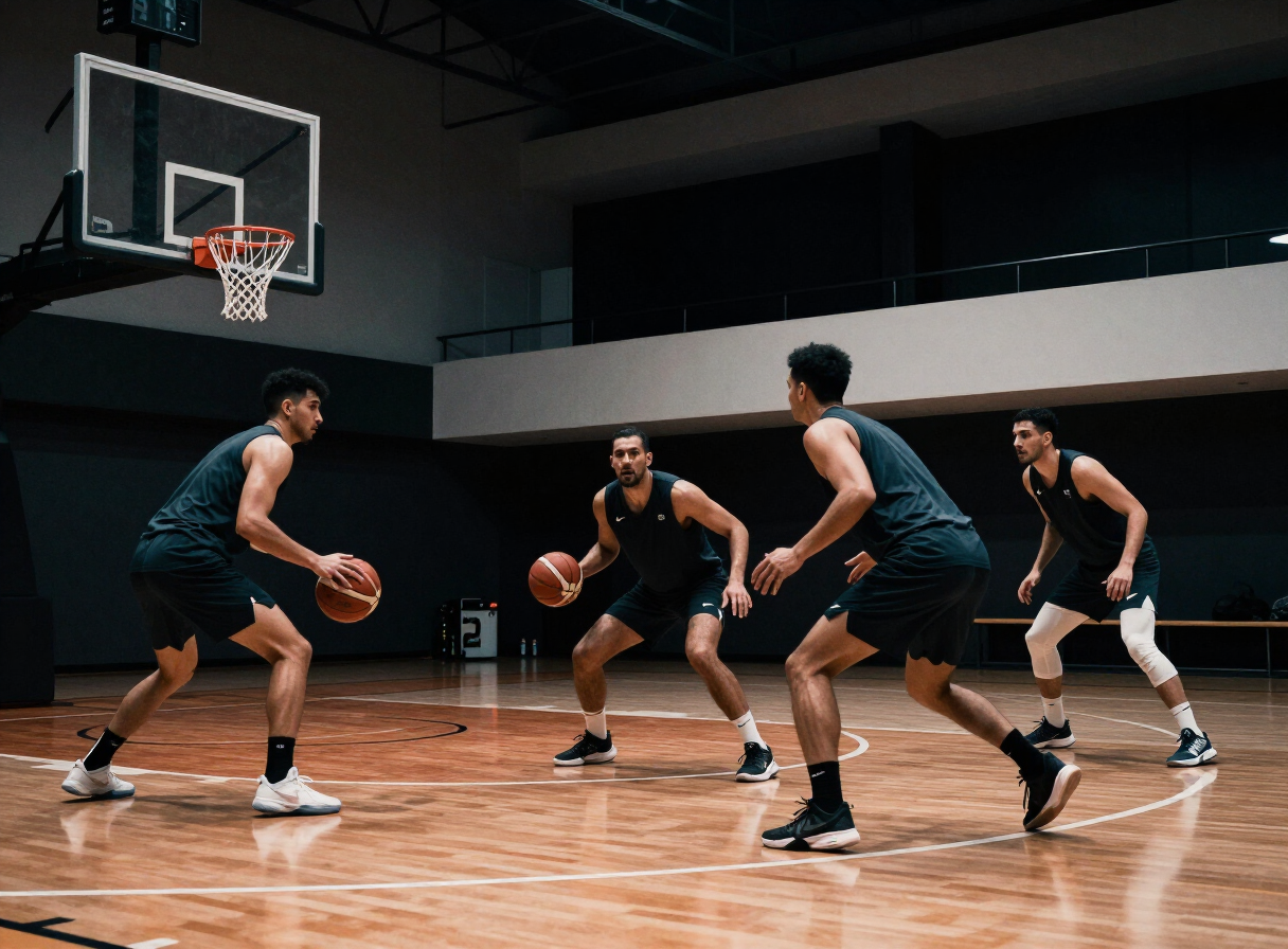 Jugadores de basketball entrenando en una cancha interior
