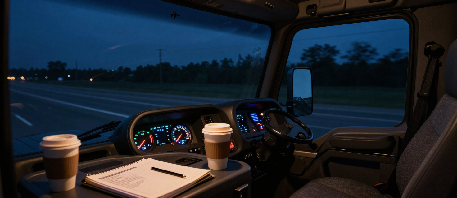 Interior of a long-haul truck cab at night with glowing dashboard gauges, coffee and a logbook on the seat