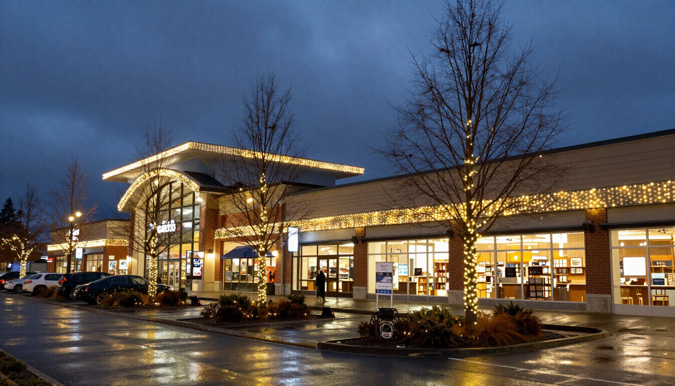 Storefront Christmas lights scheme in Surrey with designed festive facade and exterior seasonal lighting.