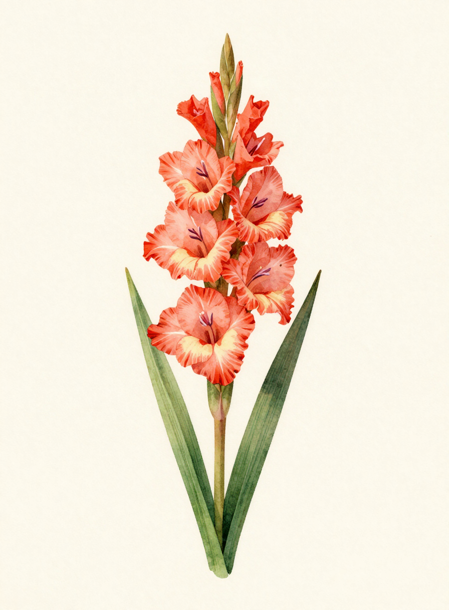Watercolor painting of a coral Gladiolus