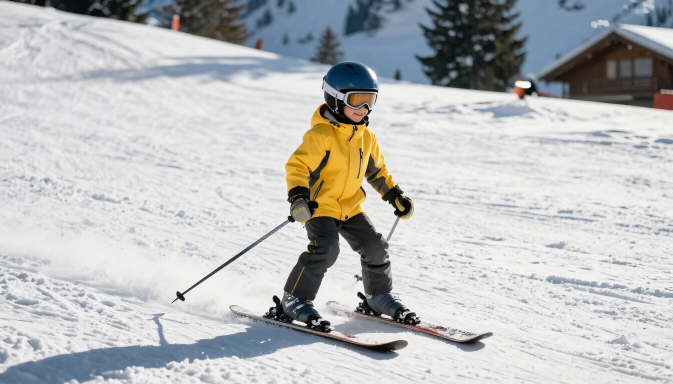 Niño de unos 5 años sonriendo mientras esquía en posición de cuña en una pista infantil de Baqueira Beret