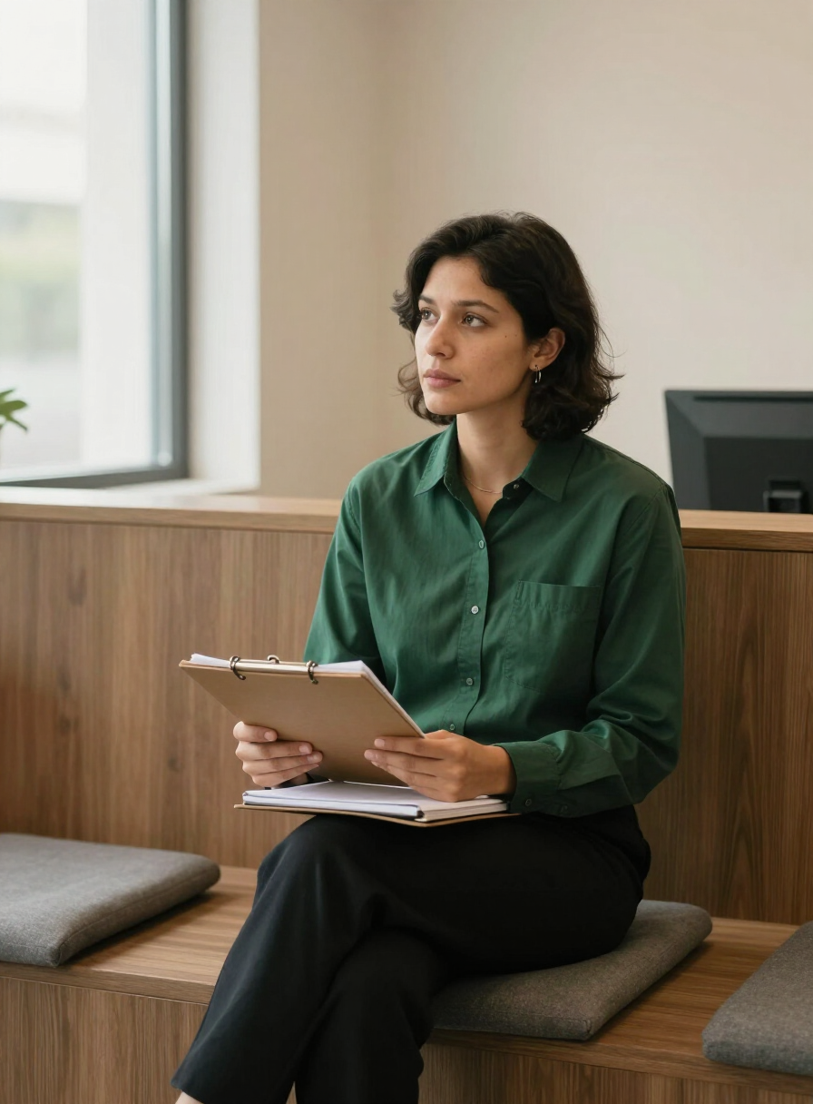 A job candidate waiting calmly with a folder and notebook in a quiet office reception area