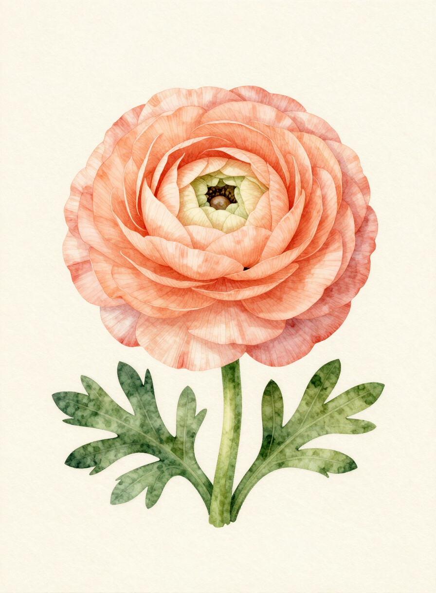 Watercolor painting of a peach Ranunculus