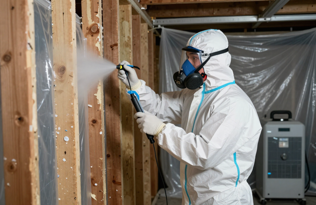 Technician in protective suit treating a wall for mold
