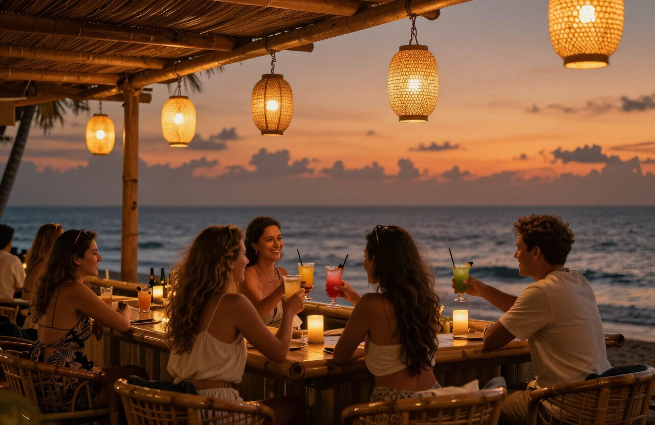 Bali beach club at dusk with lanterns and friends toasting cocktails
