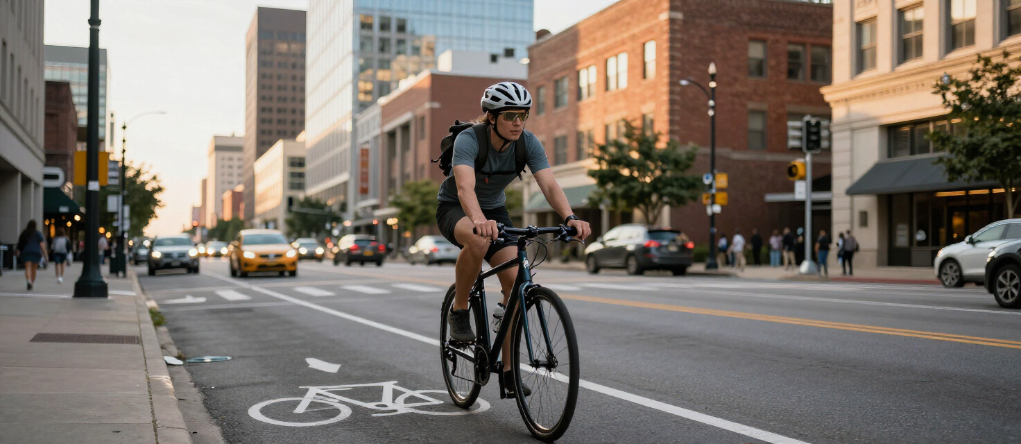 Cyclist riding a bicycle in a Kansas City bike lane with downtown buildings and traffic in the background at golden hour