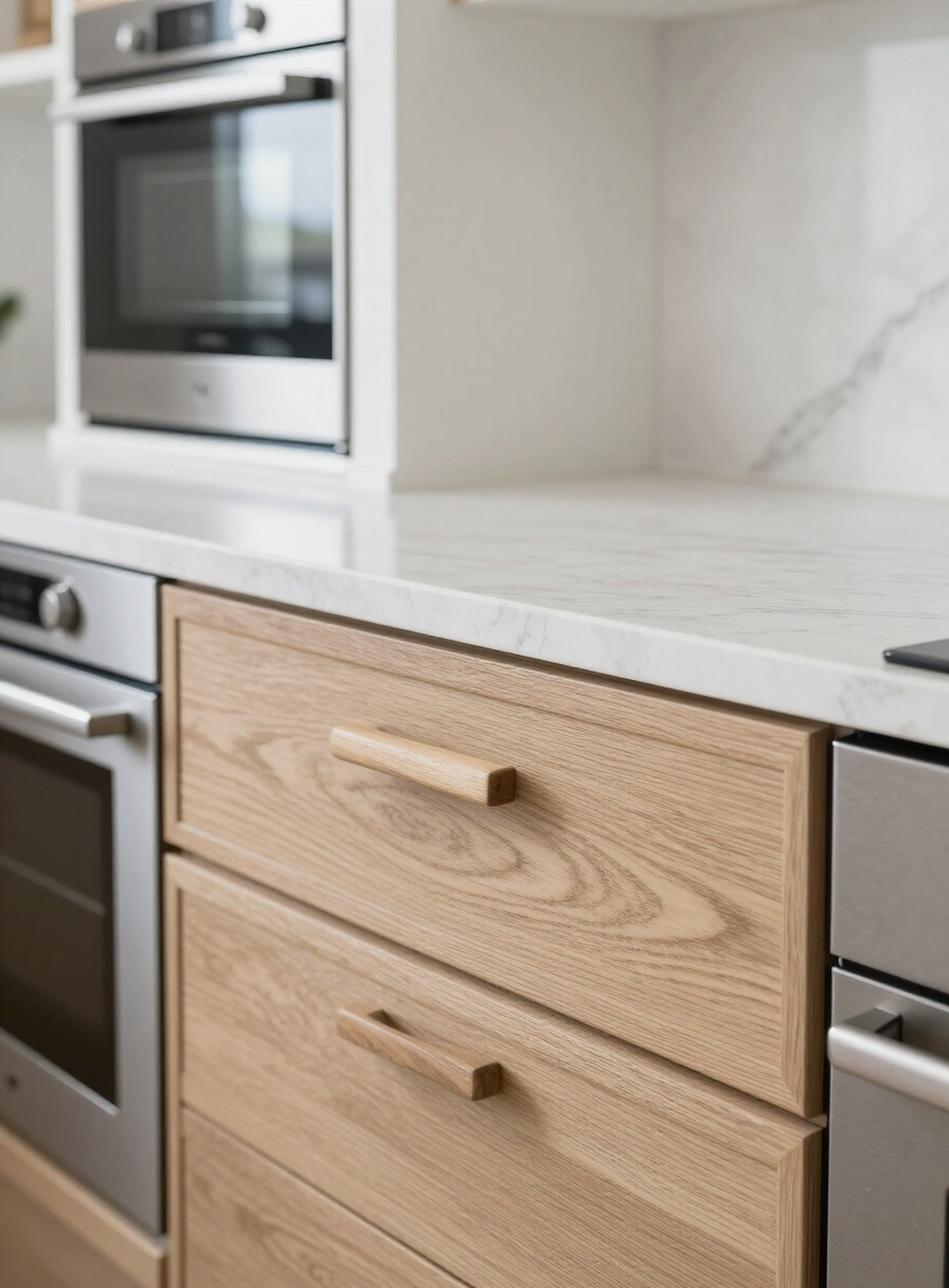 Pale Oak Handleless — Modern kitchen detail view 2, custom cabinetry by HS Kitchens Studio, Bath New York