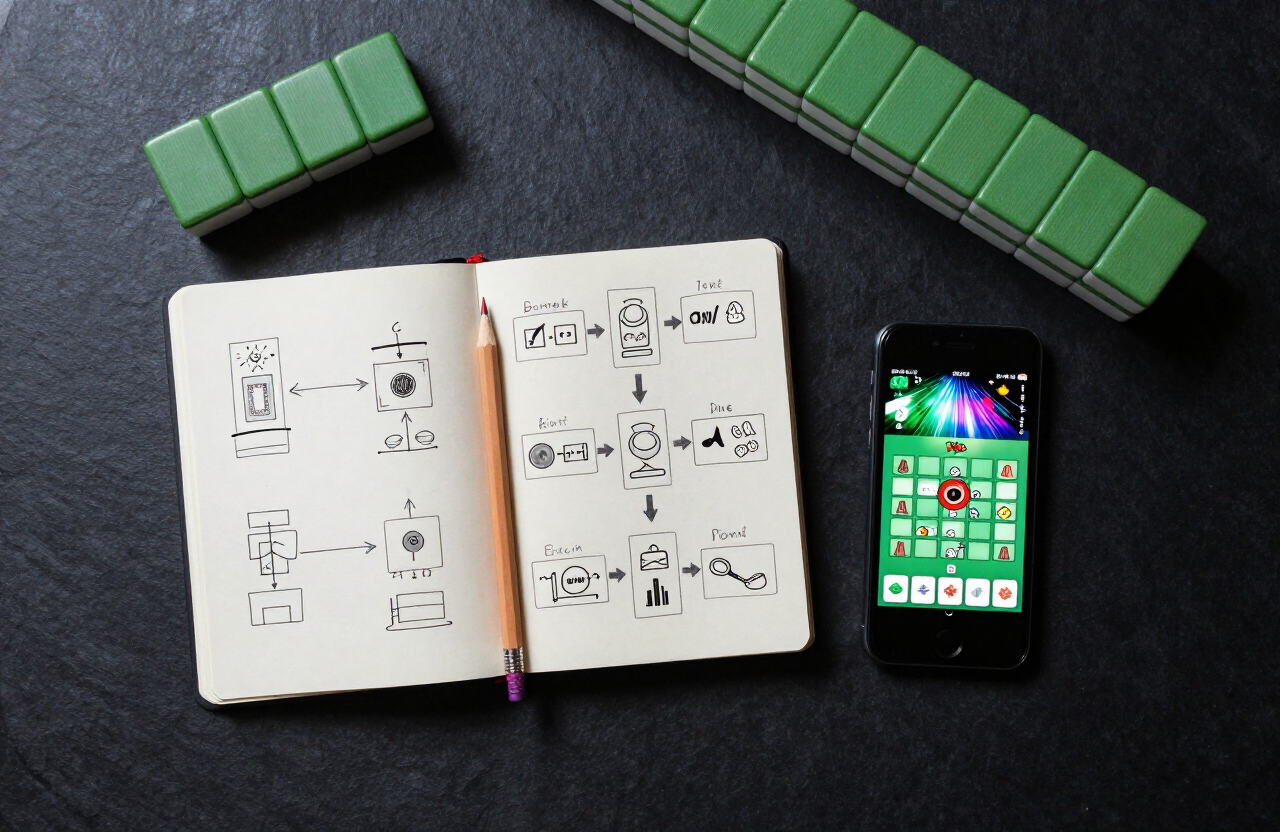 Strategy notebook, pencil and mahjong tiles on a dark desk