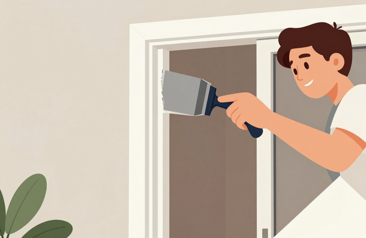 Illustrative painter cutting in crisp white trim around a door frame in a compact Hoboken apartment