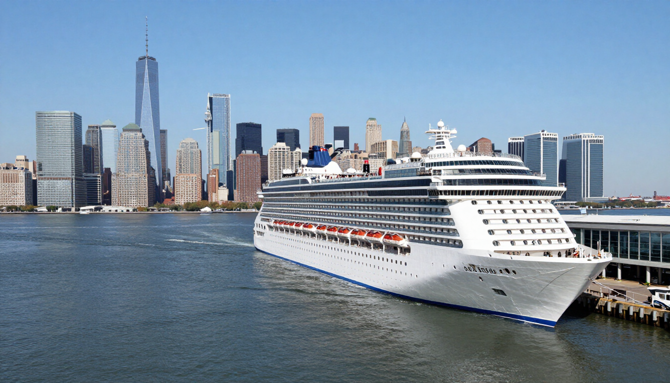 Cruise ship docked at the Manhattan Cruise Terminal piers on the Hudson River with the Midtown Manhattan skyline along the West Side waterfront